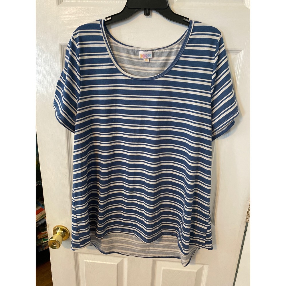 LuLaRoe Irma Tunic Top Womens 3XL Blue White Striped Short Sleeve High Low Hem